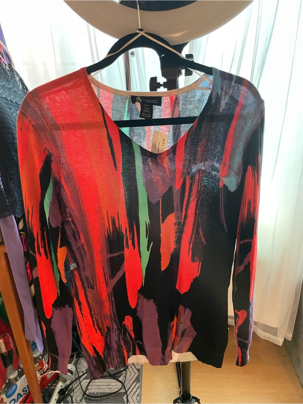 Alison Sheri Abstract Brushstroke V-Neck Long Sleeve Knit Top - Multicolor